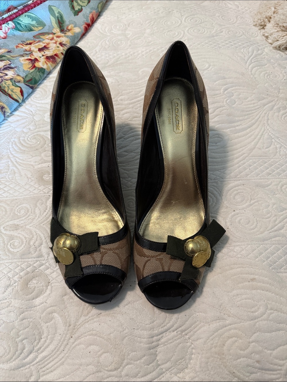 Coach Signature Canvas Peep-Toe Heels with Bow and Gold Medallions